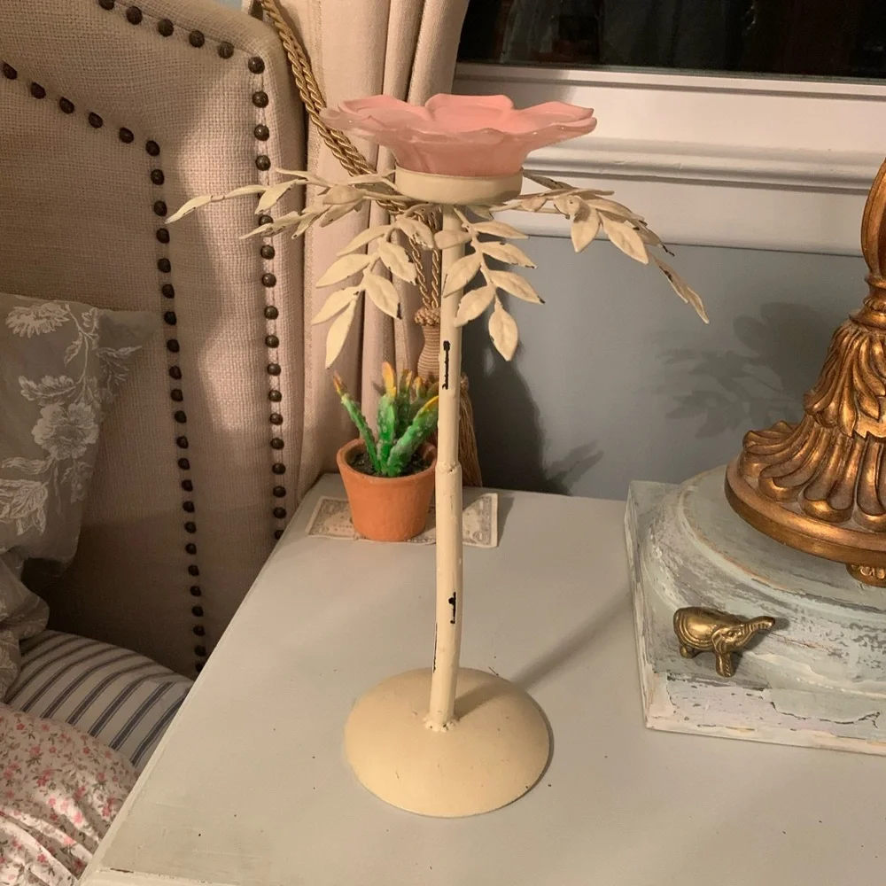 Vintage Pink Floral Metal Candle Holder